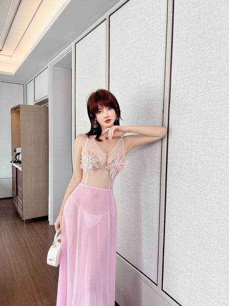 Beauty Sexy Transparent Deep V Neck Sleeveless Lace Backless Night Evening Meeting Maxi Dress