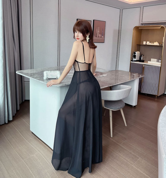 Beauty Sexy Transparent Deep V Neck Sleeveless Lace Backless Night Evening Meeting Maxi Dress