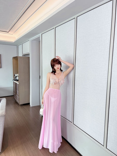 Beauty Sexy Transparent Deep V Neck Sleeveless Lace Backless Night Evening Meeting Maxi Dress