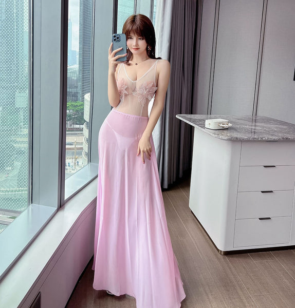 Beauty Sexy Transparent Deep V Neck Sleeveless Lace Backless Night Evening Meeting Maxi Dress