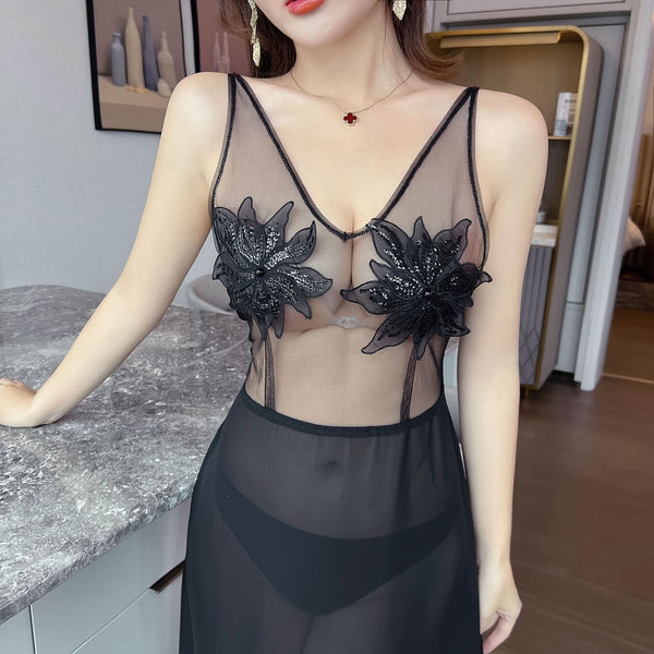 Beauty Sexy Transparent Deep V Neck Sleeveless Lace Backless Night Evening Meeting Maxi Dress