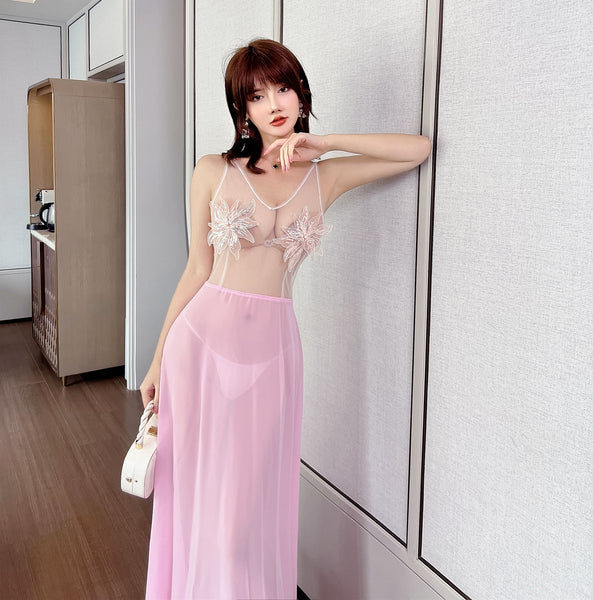 Beauty Sexy Transparent Deep V Neck Sleeveless Lace Backless Night Evening Meeting Maxi Dress