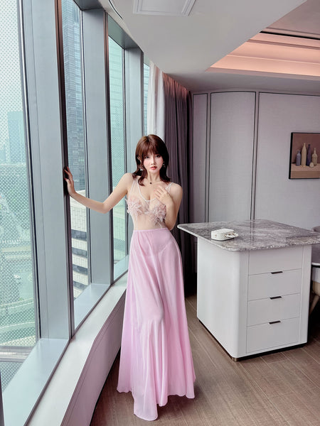Beauty Sexy Transparent Deep V Neck Sleeveless Lace Backless Night Evening Meeting Maxi Dress