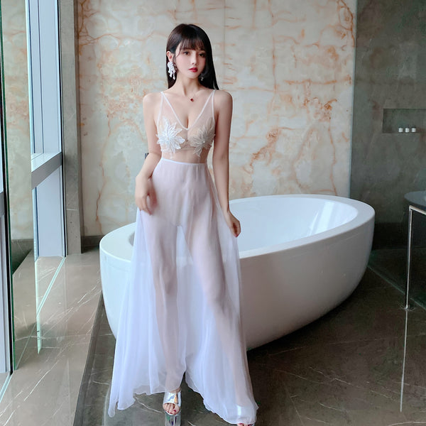 Beauty Sexy Transparent Deep V Neck Sleeveless Lace Backless Night Evening Meeting Maxi Dress