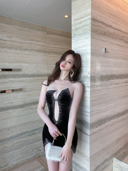 Sexy Sequins Velvet Big Deep V Neck Hollow See Through Transparent Backless Irregular Dress
