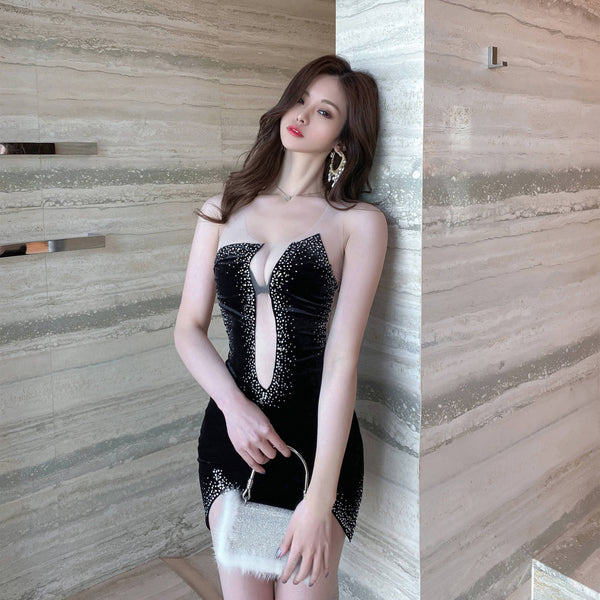 Sexy Sequins Velvet Big Deep V Neck Hollow See Through Transparent Backless Irregular Dress