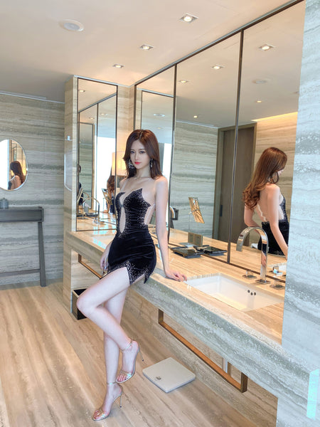 Sexy Sequins Velvet Big Deep V Neck Hollow See Through Transparent Backless Irregular Dress