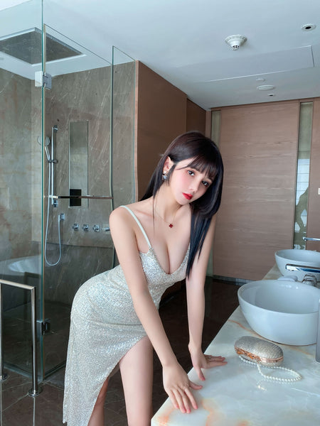 Great Perfect Women Sexy Slit Sequin Glitter Low Cut V Neck Spaghetti Strap Party Club Bodycon Dress