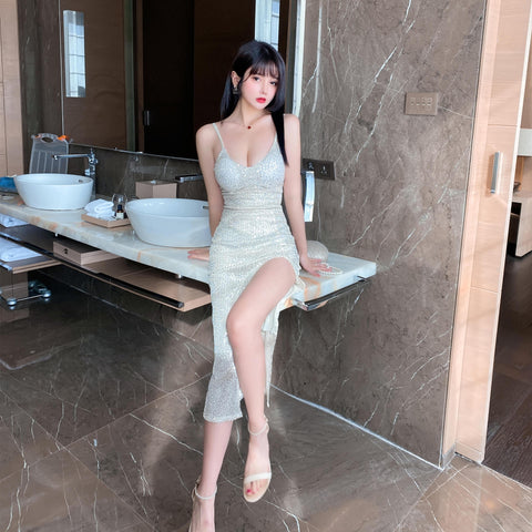 Great Perfect Women Sexy Slit Sequin Glitter Low Cut V Neck Spaghetti Strap Party Club Bodycon Dress