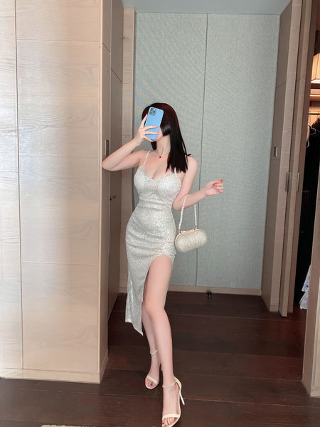 Great Perfect Women Sexy Slit Sequin Glitter Low Cut V Neck Spaghetti Strap Party Club Bodycon Dress