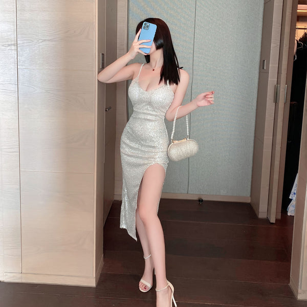 Great Perfect Women Sexy Slit Sequin Glitter Low Cut V Neck Spaghetti Strap Party Club Bodycon Dress