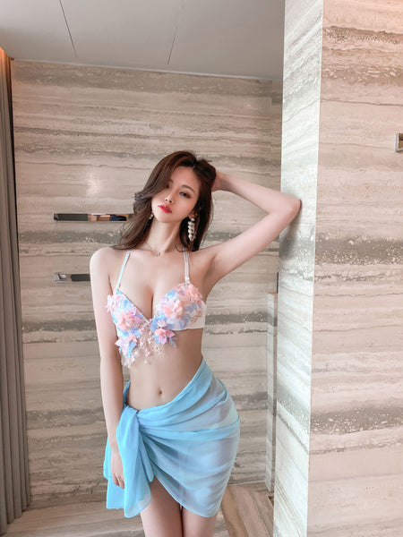 Gorgeous Hand Made Sewn Bohemian Floral Flower Embroidery Bra Top Ruffle Waist Shawl Cover Up Dress