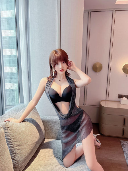 Beauty See Through Open Front Halter Neck Halterneck Backless High Slit Long Irregular Tulle Dress