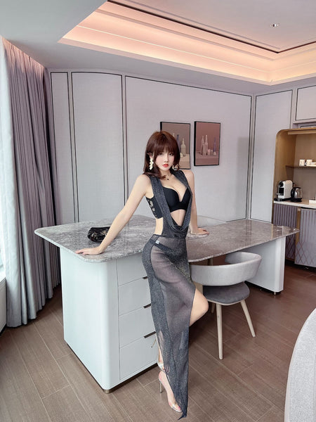 Beauty See Through Open Front Halter Neck Halterneck Backless High Slit Long Irregular Tulle Dress