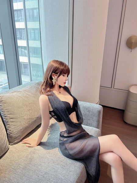 Beauty See Through Open Front Halter Neck Halterneck Backless High Slit Long Irregular Tulle Dress