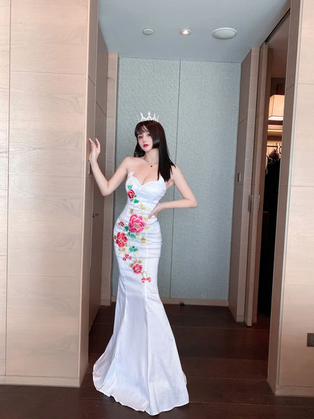 Temperament Retro Oriental Low Cut Sexy Tube Top Stitched Floral Hip Fishtail Robe Evening Dress