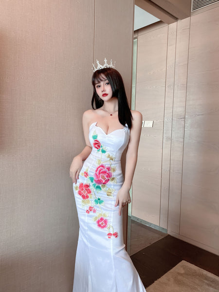Temperament Retro Oriental Low Cut Sexy Tube Top Stitched Floral Hip Fishtail Robe Evening Dress