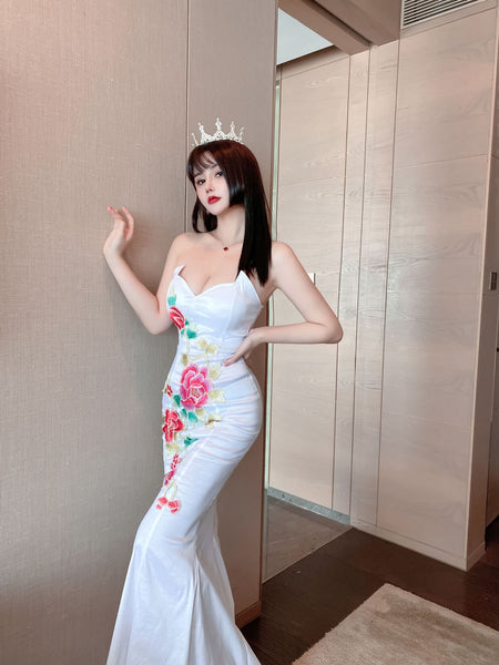 Temperament Retro Oriental Low Cut Sexy Tube Top Stitched Floral Hip Fishtail Robe Evening Dress