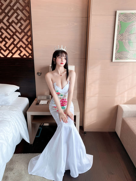 Temperament Retro Oriental Low Cut Sexy Tube Top Stitched Floral Hip Fishtail Robe Evening Dress