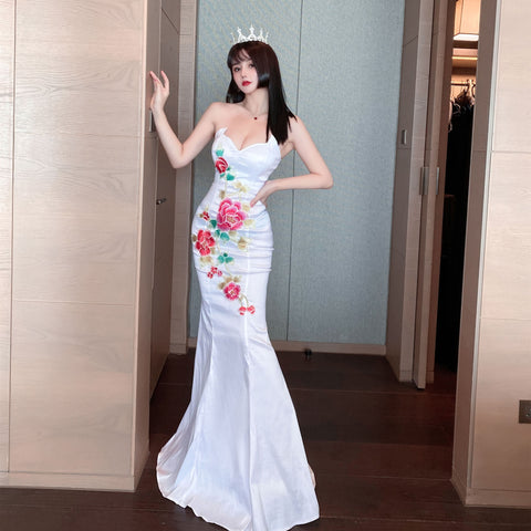 Temperament Retro Oriental Low Cut Sexy Tube Top Stitched Floral Hip Fishtail Robe Evening Dress