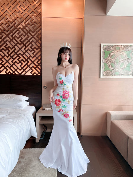 Temperament Retro Oriental Low Cut Sexy Tube Top Stitched Floral Hip Fishtail Robe Evening Dress