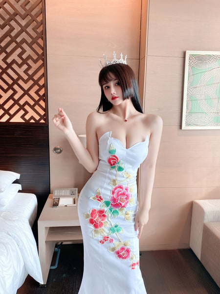 Temperament Retro Oriental Low Cut Sexy Tube Top Stitched Floral Hip Fishtail Robe Evening Dress