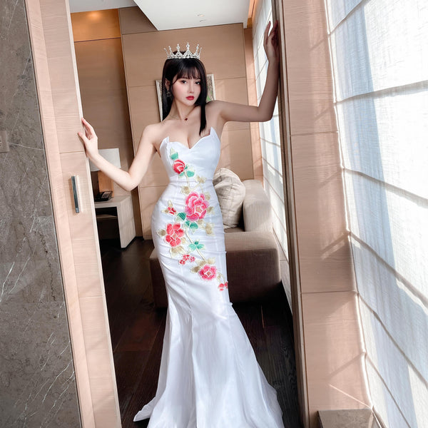 Temperament Retro Oriental Low Cut Sexy Tube Top Stitched Floral Hip Fishtail Robe Evening Dress