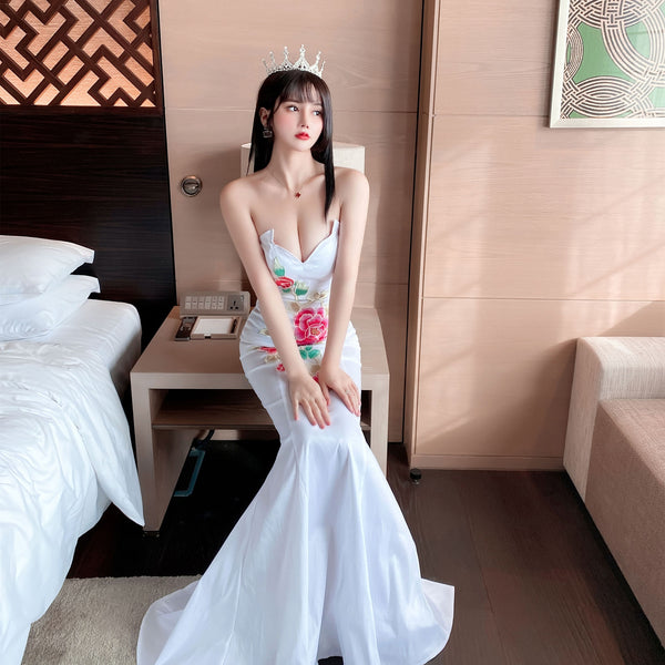 Temperament Retro Oriental Low Cut Sexy Tube Top Stitched Floral Hip Fishtail Robe Evening Dress