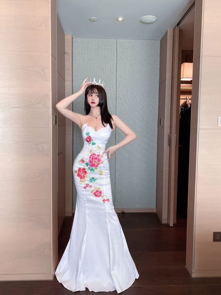 Temperament Retro Oriental Low Cut Sexy Tube Top Stitched Floral Hip Fishtail Robe Evening Dress