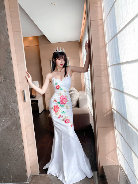 Temperament Retro Oriental Low Cut Sexy Tube Top Stitched Floral Hip Fishtail Robe Evening Dress