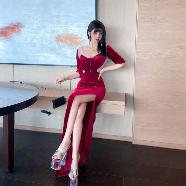 Clubbing Women Night Low Cut Front Adjustable V Neck Zipper Half Sleeves Velvet Dating Side Slit Long Dress