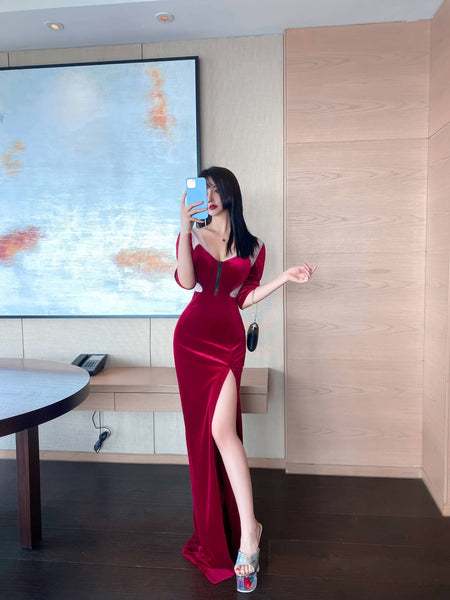 Clubbing Women Night Low Cut Front Adjustable V Neck Zipper Half Sleeves Velvet Dating Side Slit Long Dress