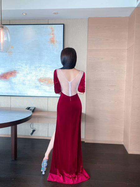 Clubbing Women Night Low Cut Front Adjustable V Neck Zipper Half Sleeves Velvet Dating Side Slit Long Dress