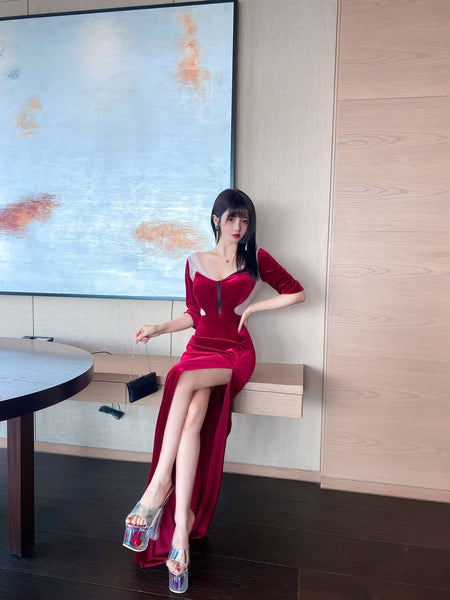 Clubbing Women Night Low Cut Front Adjustable V Neck Zipper Half Sleeves Velvet Dating Side Slit Long Dress