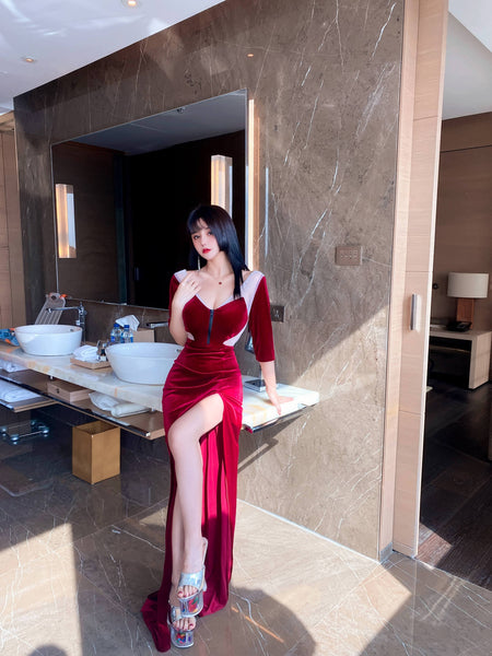 Clubbing Women Night Low Cut Front Adjustable V Neck Zipper Half Sleeves Velvet Dating Side Slit Long Dress