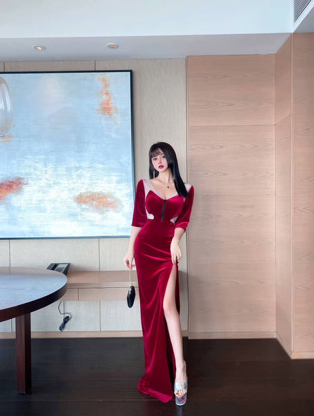 Clubbing Women Night Low Cut Front Adjustable V Neck Zipper Half Sleeves Velvet Dating Side Slit Long Dress