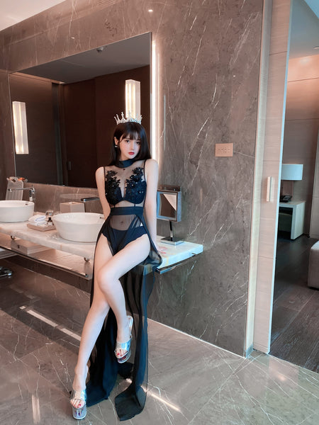 Elegant Fashion Missord Hand Made Floral Deep V Sheer High Split Thigh Long Dress