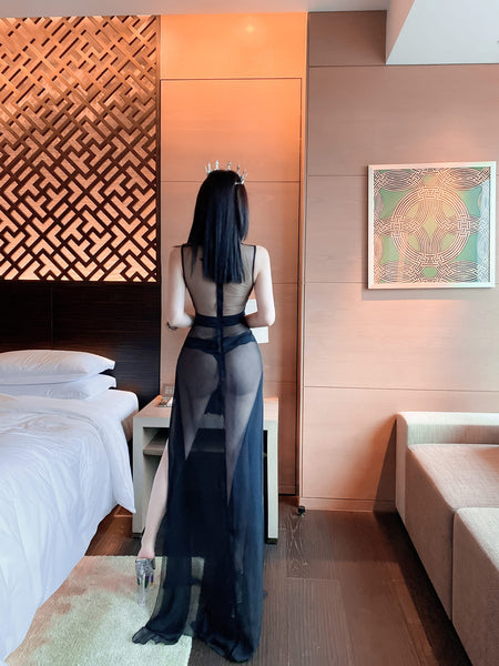 Elegant Fashion Missord Hand Made Floral Deep V Sheer High Split Thigh Long Dress
