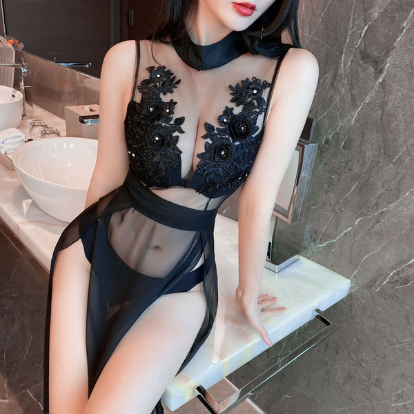 Elegant Fashion Missord Hand Made Floral Deep V Sheer High Split Thigh Long Dress