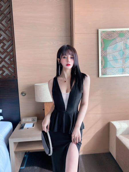 Stunning Women Fashion Sleeveless Mesh Deep V High Split Thigh Long Peplum Evening Dress