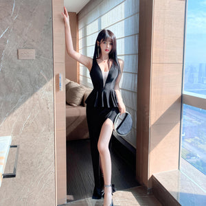 Stunning Women Fashion Sleeveless Mesh Deep V High Split Thigh Long Peplum Evening Dress