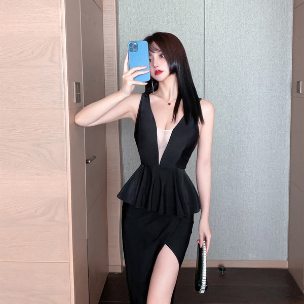 Stunning Women Fashion Sleeveless Mesh Deep V High Split Thigh Long Peplum Evening Dress