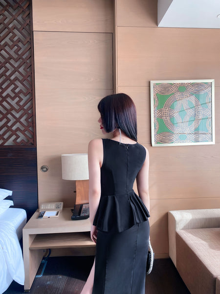 Stunning Women Fashion Sleeveless Mesh Deep V High Split Thigh Long Peplum Evening Dress