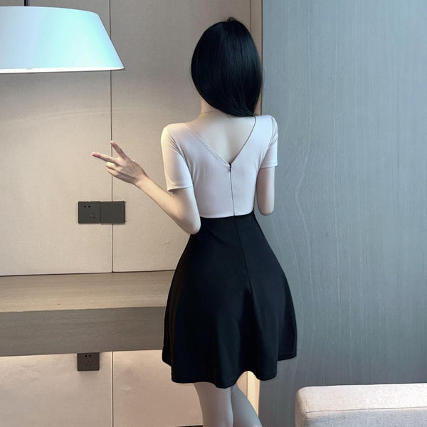 Sexy V Neck Low Cut Open Back Mesh Shoulder Off Short Sleeves A Line Flare Dress
