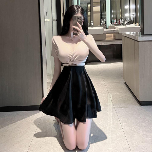 Sexy V Neck Low Cut Open Back Mesh Shoulder Off Short Sleeves A Line Flare Dress