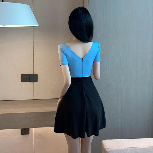 Sexy V Neck Low Cut Open Back Mesh Shoulder Off Short Sleeves A Line Flare Dress