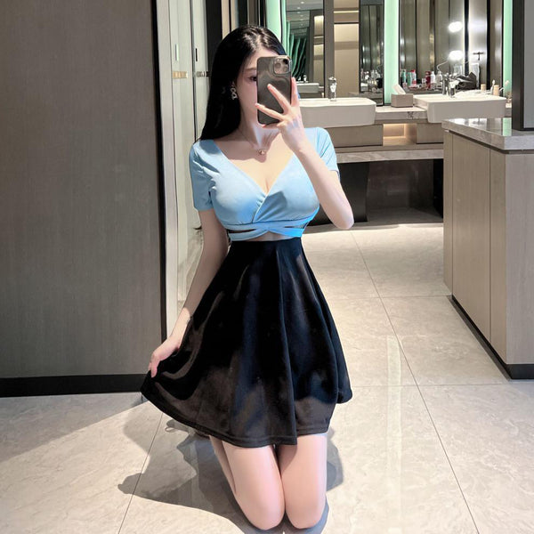 Sexy V Neck Low Cut Open Back Mesh Shoulder Off Short Sleeves A Line Flare Dress