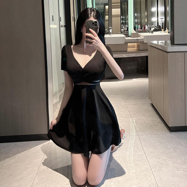 Sexy V Neck Low Cut Open Back Mesh Shoulder Off Short Sleeves A Line Flare Dress