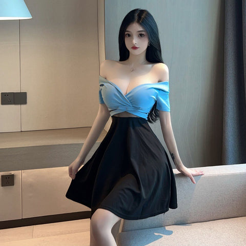 Sexy V Neck Low Cut Open Back Mesh Shoulder Off Short Sleeves A Line Flare Dress