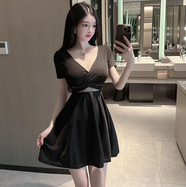 Sexy V Neck Low Cut Open Back Mesh Shoulder Off Short Sleeves A Line Flare Dress